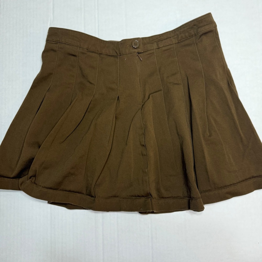 Hesperus Brown Pleated Mini Skirt XL Rayon Stretch Schoolgirl Dark Academia
